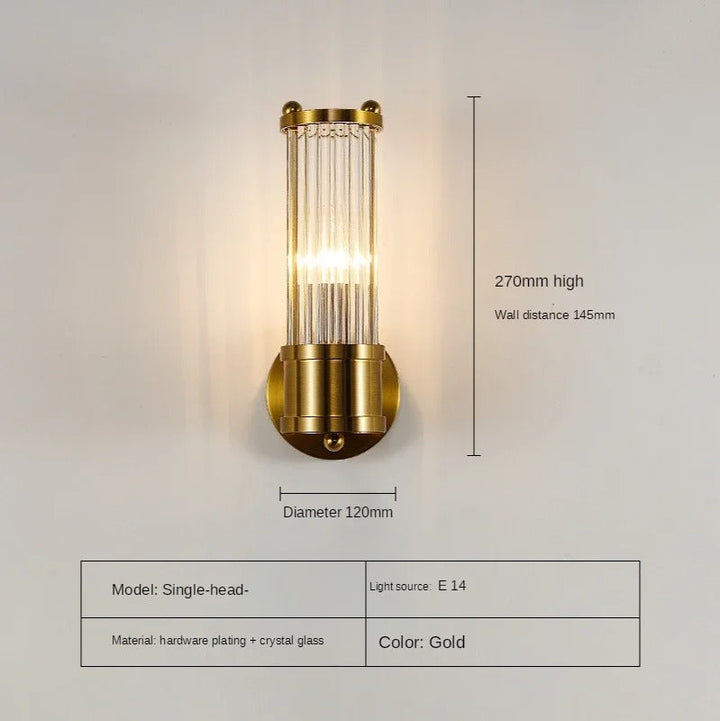 Elegant cylindrical glass wall sconce with chrome finish, crystal accents, electroplated hardware. Ideal for modern interiors
