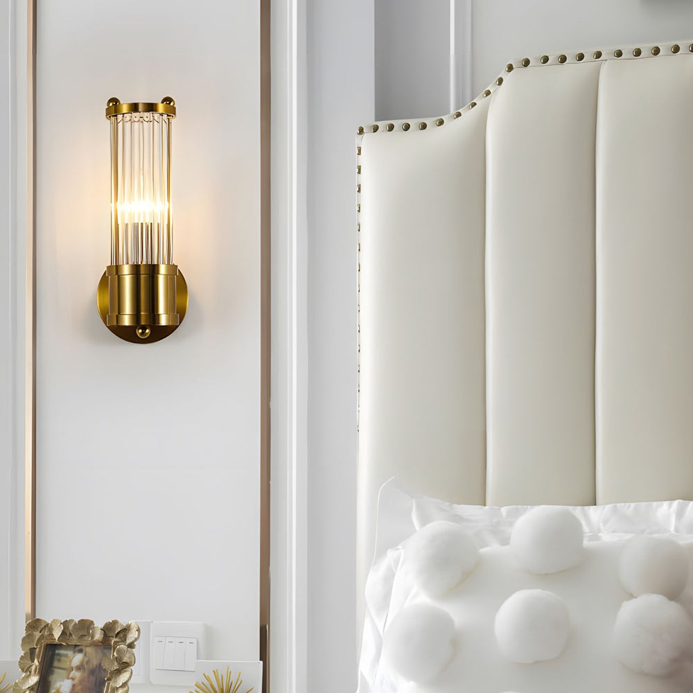 Elegant cylindrical glass wall sconce with chrome finish, crystal accents, electroplated hardware. Ideal for modern interiors