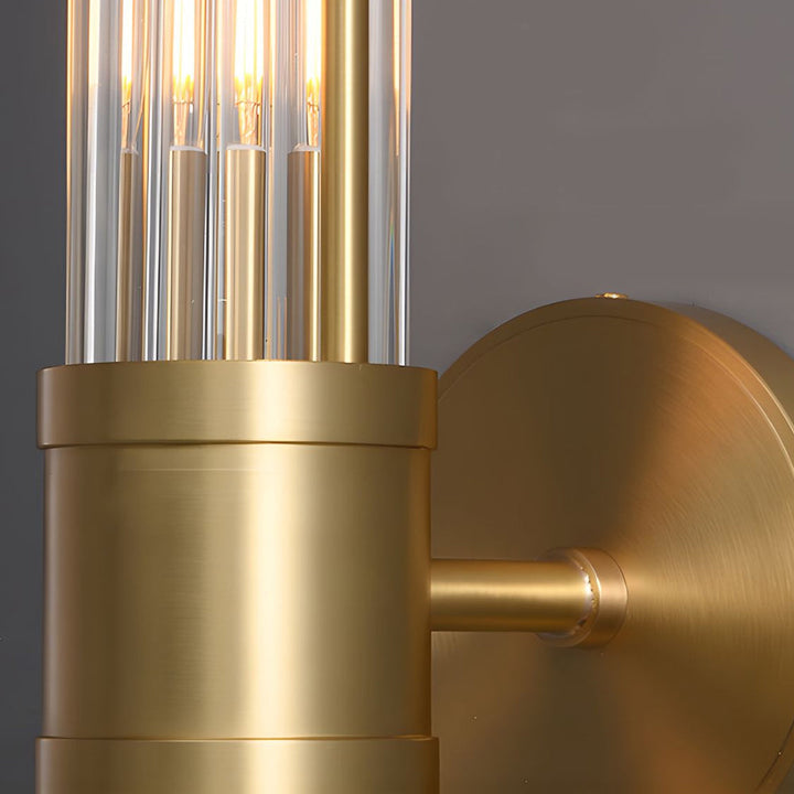 Elegant cylindrical glass wall sconce with chrome finish, crystal accents, electroplated hardware. Ideal for modern interiors