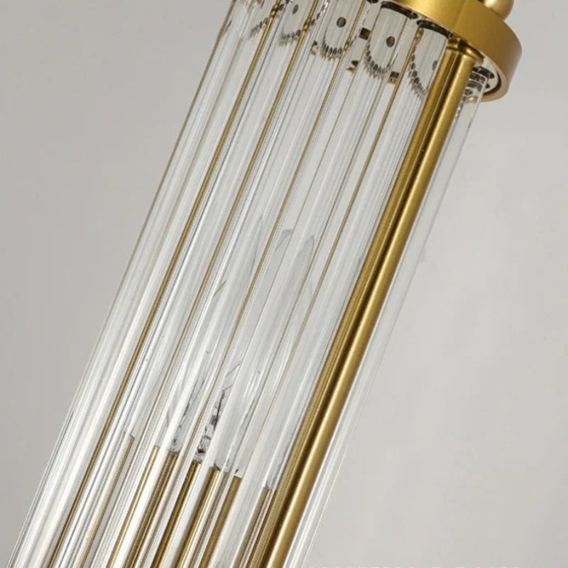 Elegant cylindrical glass wall sconce with chrome finish, crystal accents, electroplated hardware. Ideal for modern interiors