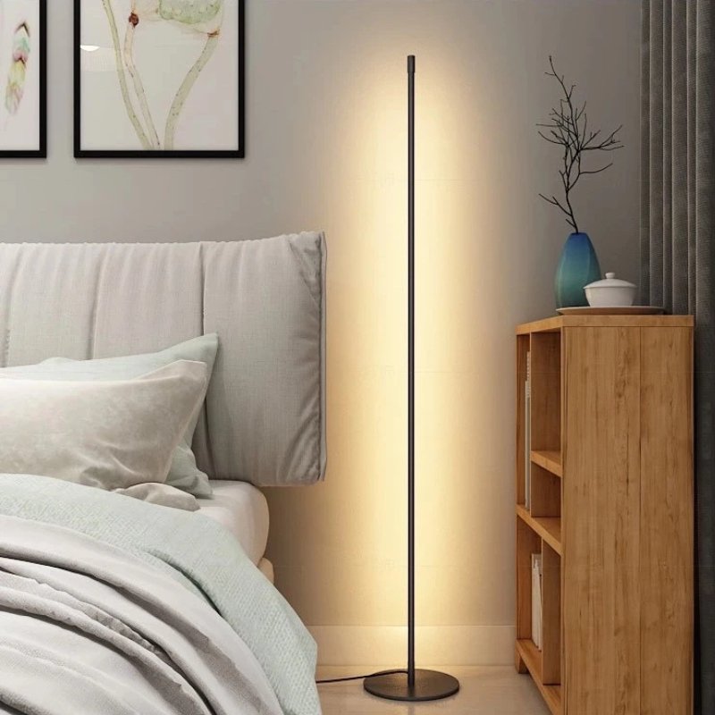 Elegant LED floor lamp with minimalist design, soft ambient lighting, adjustable timer, and remote control for modern interio
