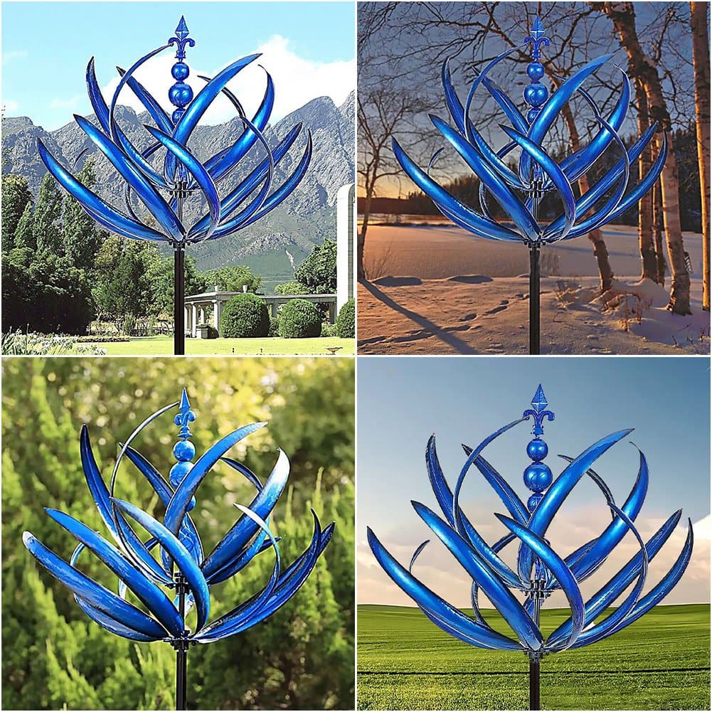 Elegant metal wind spinner for garden, showing smooth rotation and vibrant red and blue colors, enhancing outdoor decor.