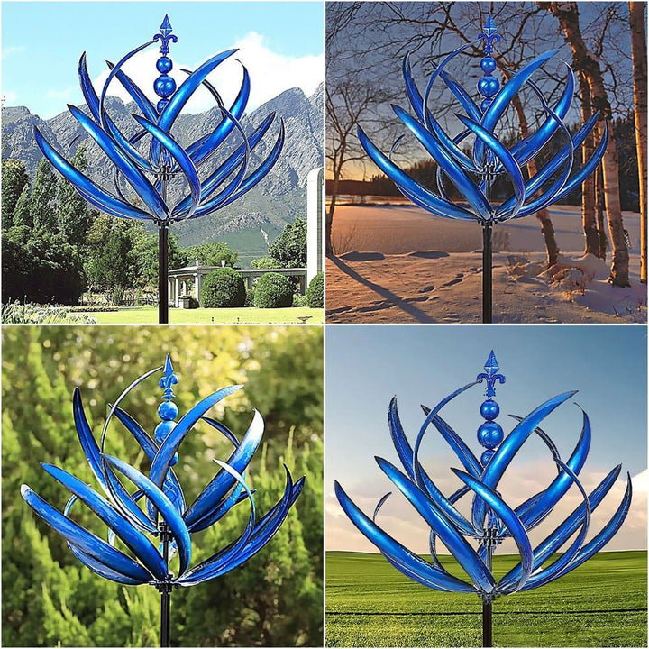 Elegant metal wind spinner for garden, showing smooth rotation and vibrant red and blue colors, enhancing outdoor decor.