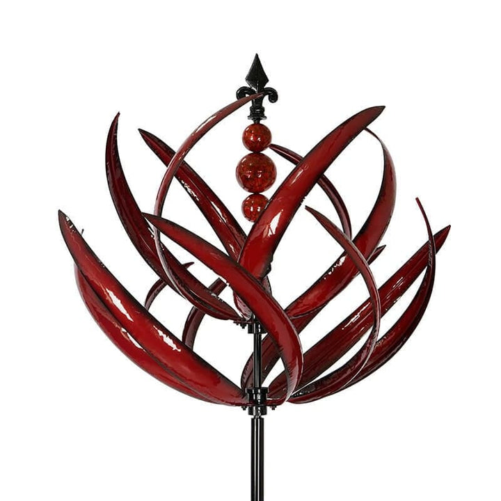 Elegant metal wind spinner for garden, showing smooth rotation and vibrant red and blue colors, enhancing outdoor decor.