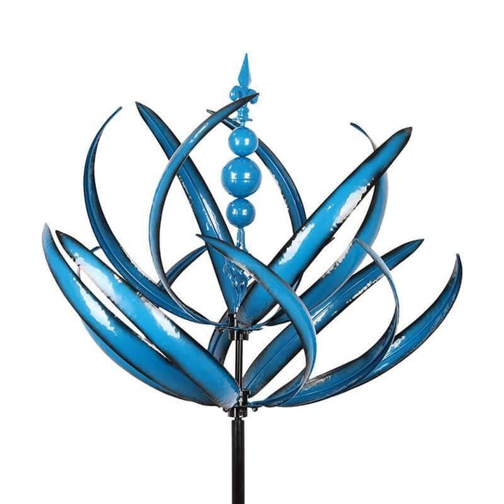 Elegant metal wind spinner for garden, showing smooth rotation and vibrant red and blue colors, enhancing outdoor decor.