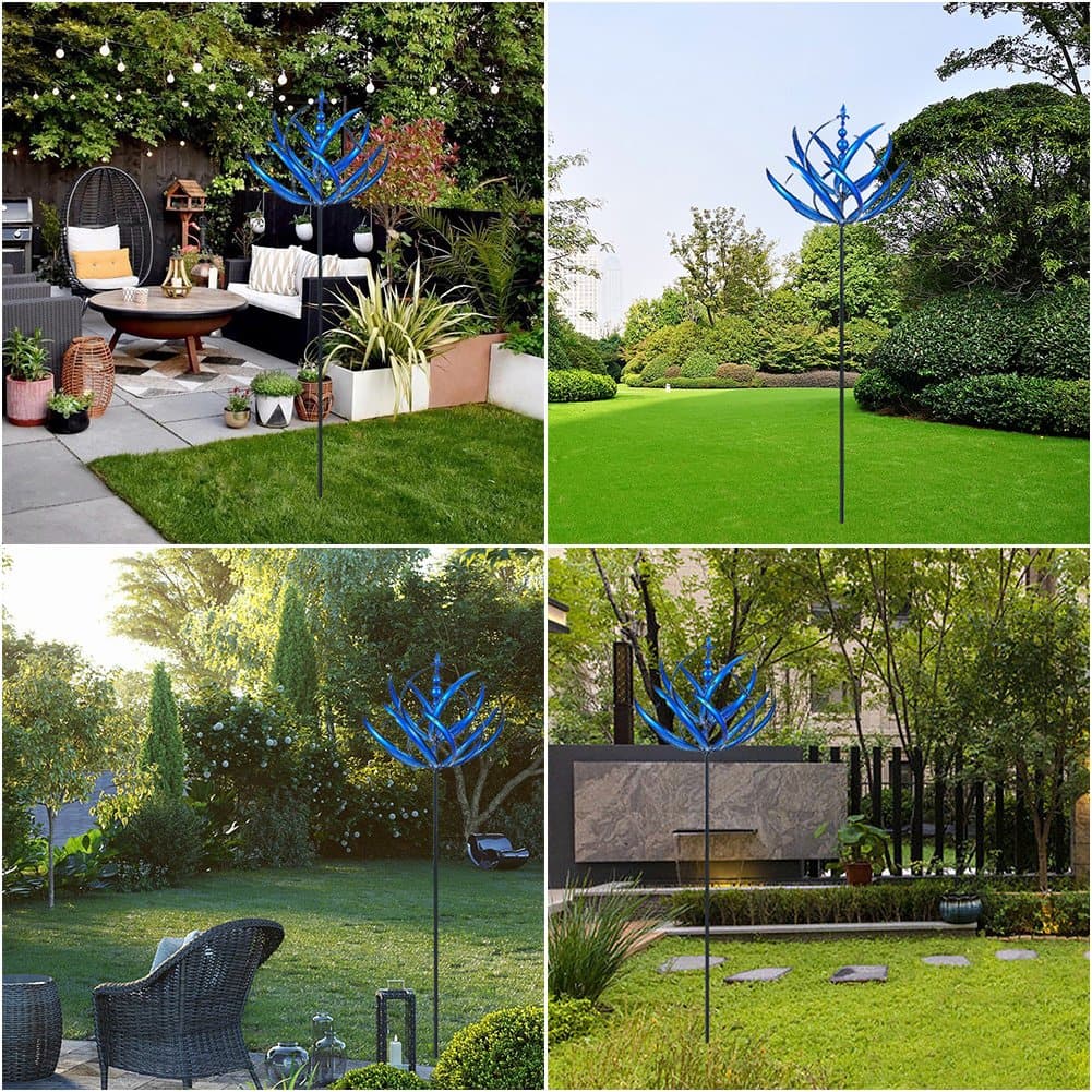 Elegant metal wind spinner for garden, showing smooth rotation and vibrant red and blue colors, enhancing outdoor decor.