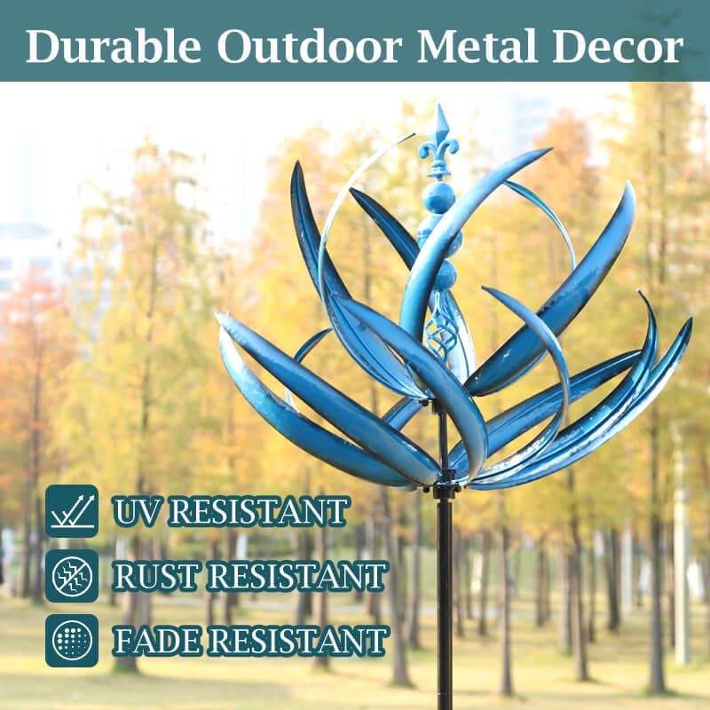 Elegant metal wind spinner for garden, showing smooth rotation and vibrant red and blue colors, enhancing outdoor decor.