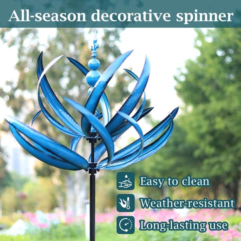 Elegant metal wind spinner for garden, showing smooth rotation and vibrant red and blue colors, enhancing outdoor decor.