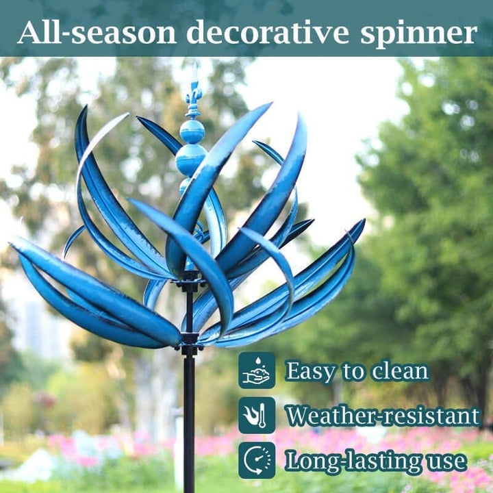Elegant metal wind spinner for garden, showing smooth rotation and vibrant red and blue colors, enhancing outdoor decor.