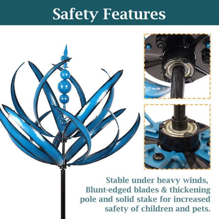 Elegant metal wind spinner for garden, showing smooth rotation and vibrant red and blue colors, enhancing outdoor decor.