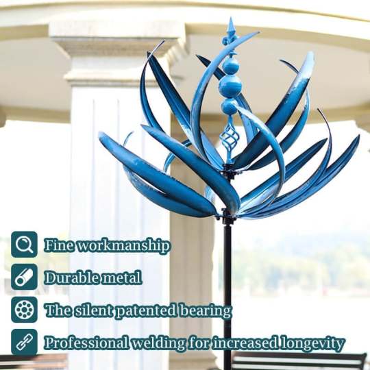 Elegant metal wind spinner for garden, showing smooth rotation and vibrant red and blue colors, enhancing outdoor decor.