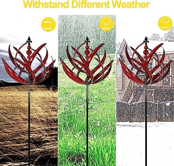 Elegant metal wind spinner for garden, showing smooth rotation and vibrant red and blue colors, enhancing outdoor decor.