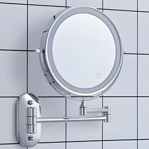 "Elegant rechargeable silver LED mirror, 5 magnification levels, 3 light settings, 360° rotation for perfect beauty regimen."