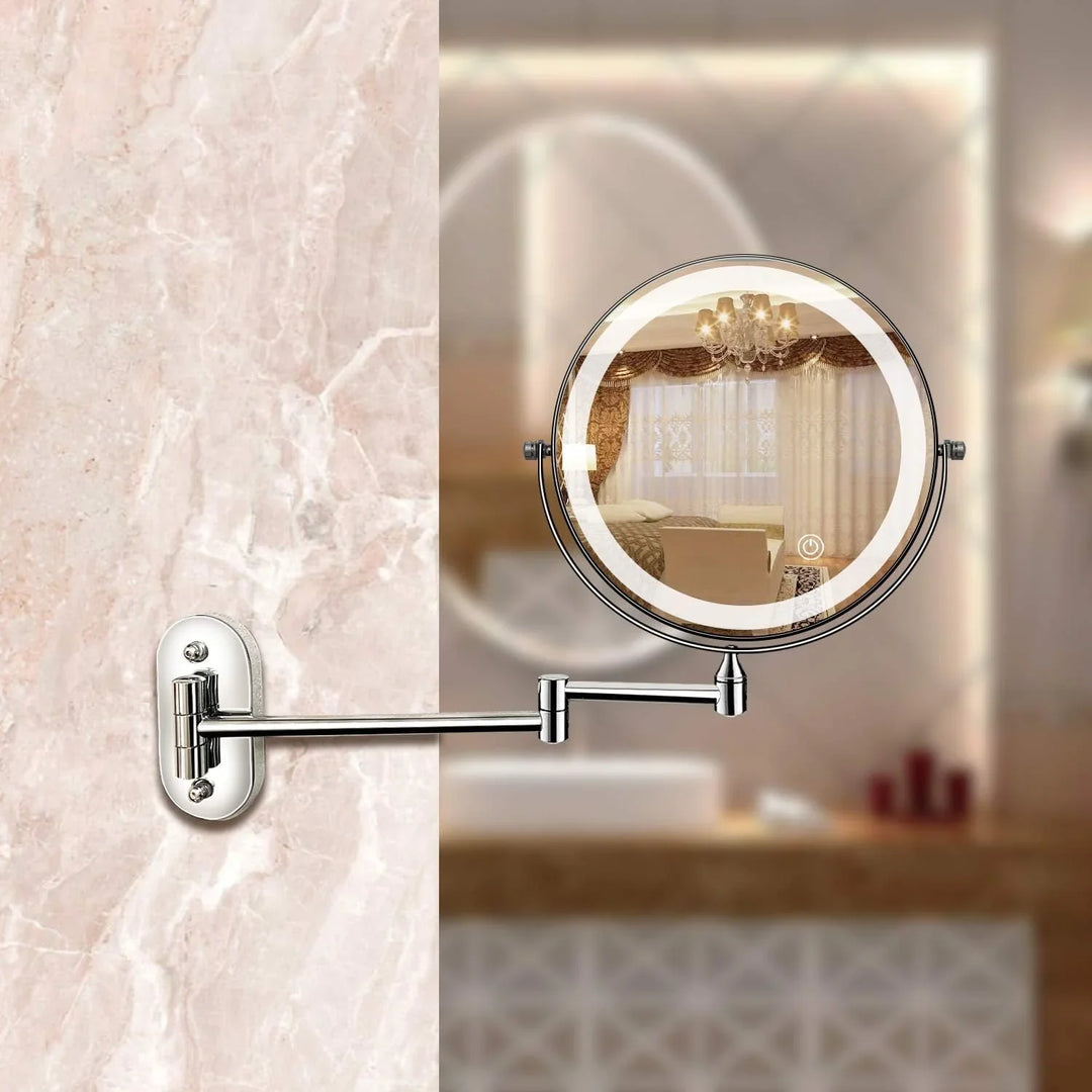 "Elegant rechargeable silver LED mirror, 5 magnification levels, 3 light settings, 360° rotation for perfect beauty regimen."