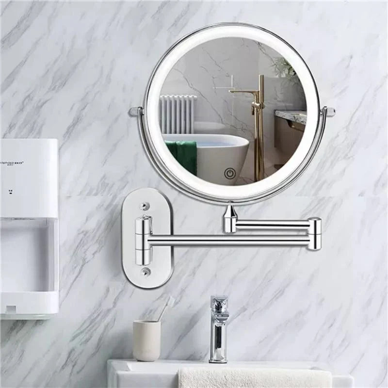 "Elegant rechargeable silver LED mirror, 5 magnification levels, 3 light settings, 360° rotation for perfect beauty regimen."