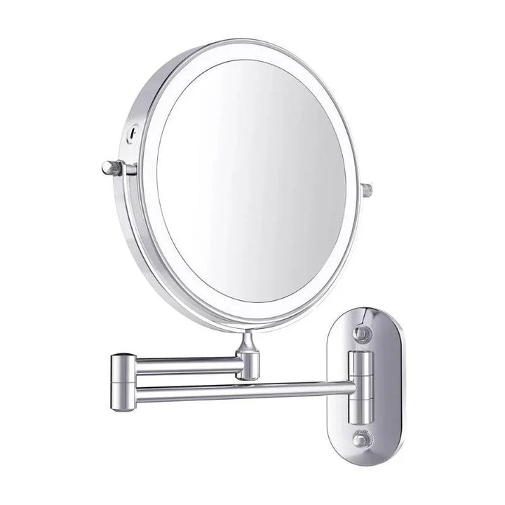 "Elegant rechargeable silver LED mirror, 5 magnification levels, 3 light settings, 360° rotation for perfect beauty regimen."