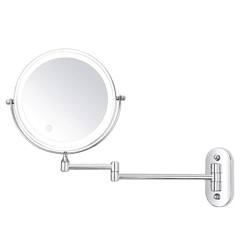 "Elegant rechargeable silver LED mirror, 5 magnification levels, 3 light settings, 360° rotation for perfect beauty regimen."