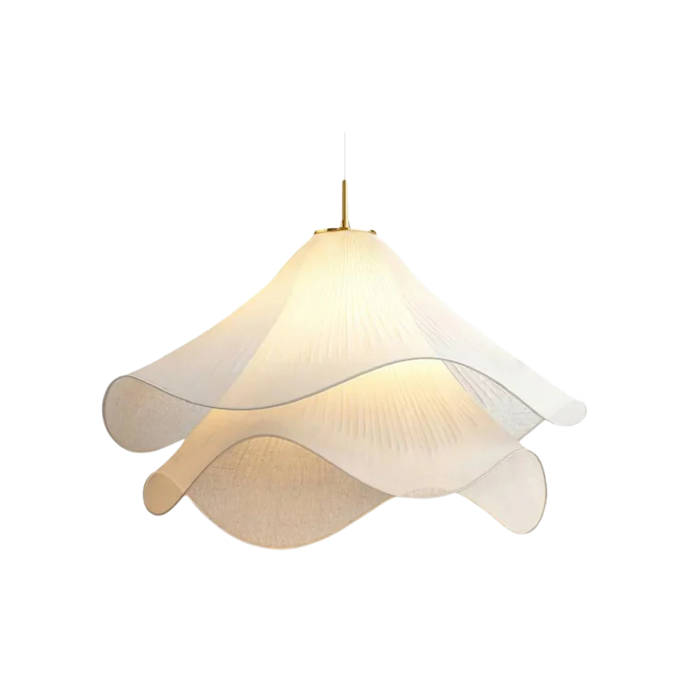 Elegant white fabric flower pendant light with soft LED glow, resembling delicate petals, perfect for modern interiors.