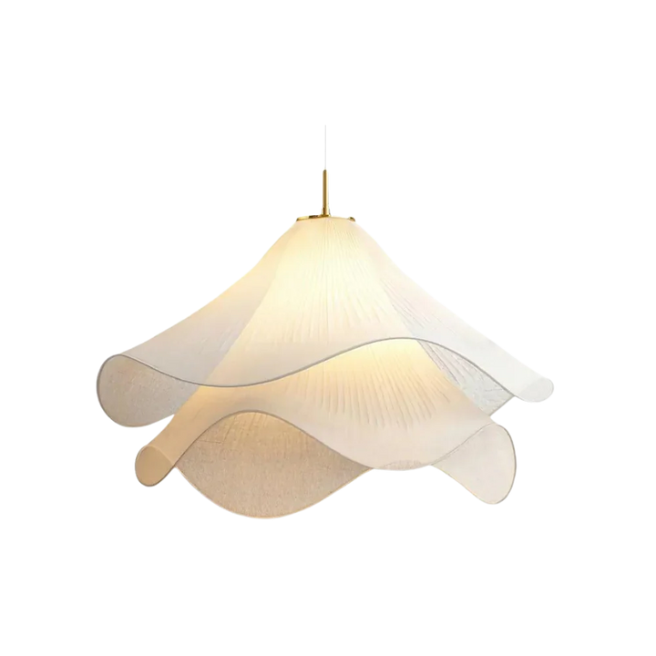 Elegant white fabric flower pendant light with soft LED glow, resembling delicate petals, perfect for modern interiors.