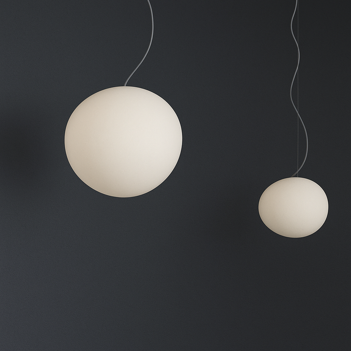 Elegant white glass globe pendant ceiling light with sleek design, ideal for modern decor, enhances dining rooms and lounges.