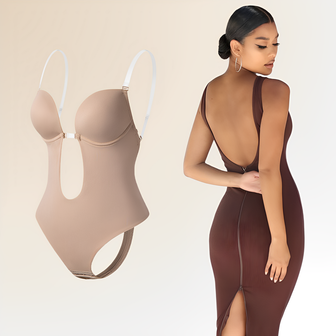 "Elegant women's backless bodysuit bra with invisible support; smooth, seamless design perfect for under backless dresses."