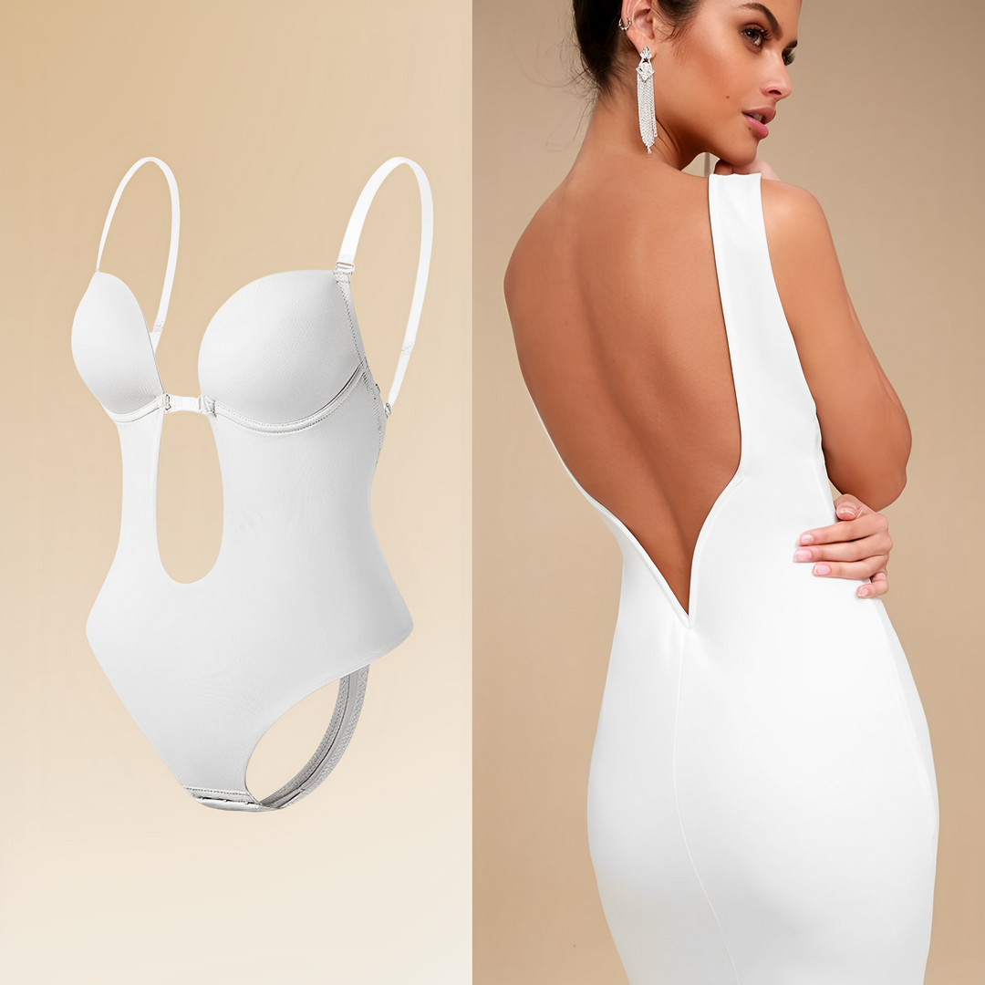 "Elegant women's backless bodysuit bra with invisible support; smooth, seamless design perfect for under backless dresses."