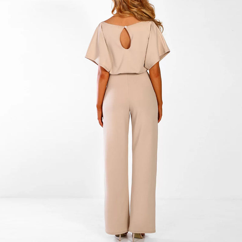 "Elegant women's beige jumpsuit with belt, tailored fit, versatile for any occasion. Available in multiple colors."