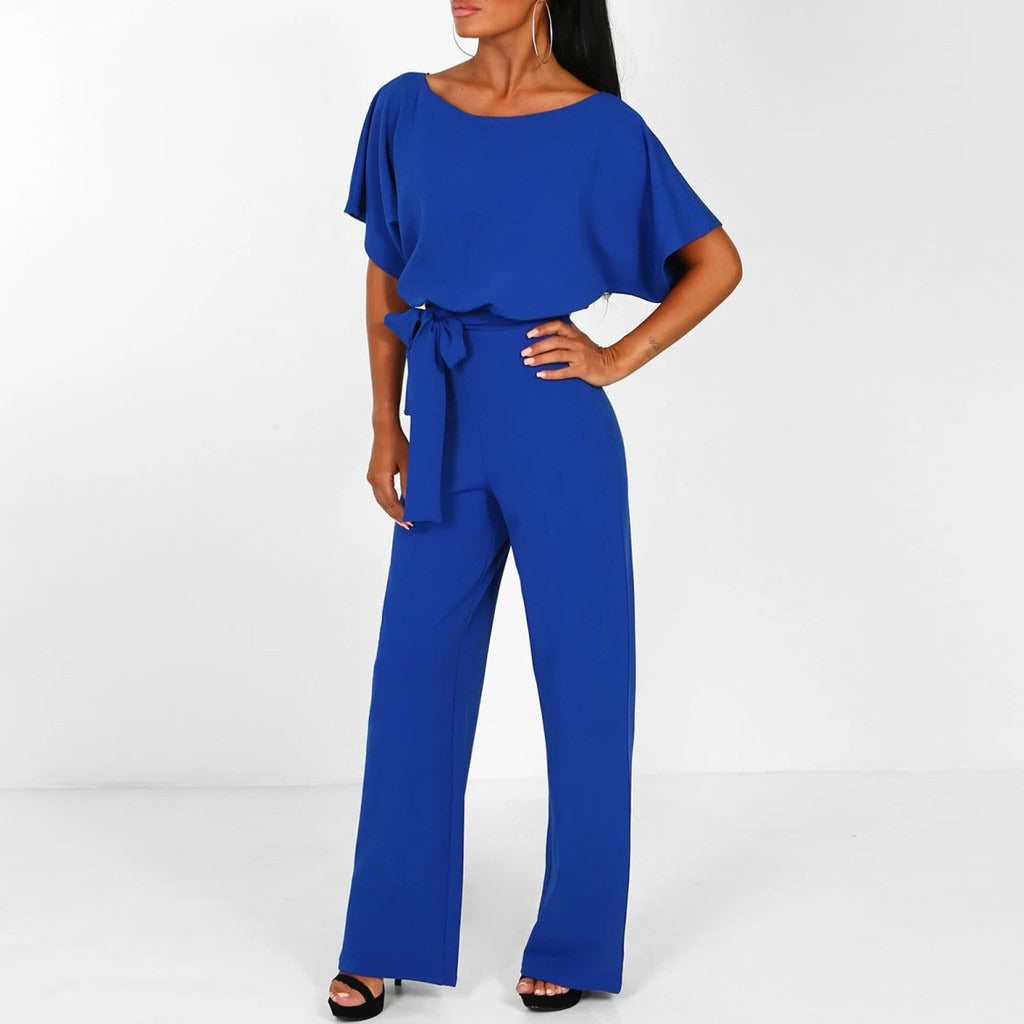 "Elegant women's beige jumpsuit with belt, tailored fit, versatile for any occasion. Available in multiple colors."