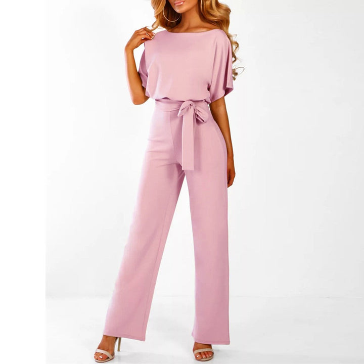 "Elegant women's beige jumpsuit with belt, tailored fit, versatile for any occasion. Available in multiple colors."