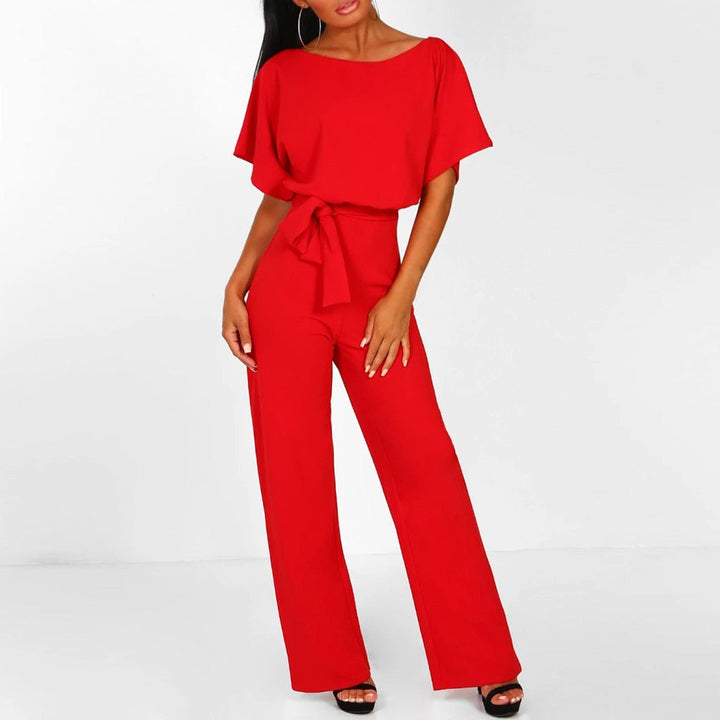 "Elegant women's beige jumpsuit with belt, tailored fit, versatile for any occasion. Available in multiple colors."