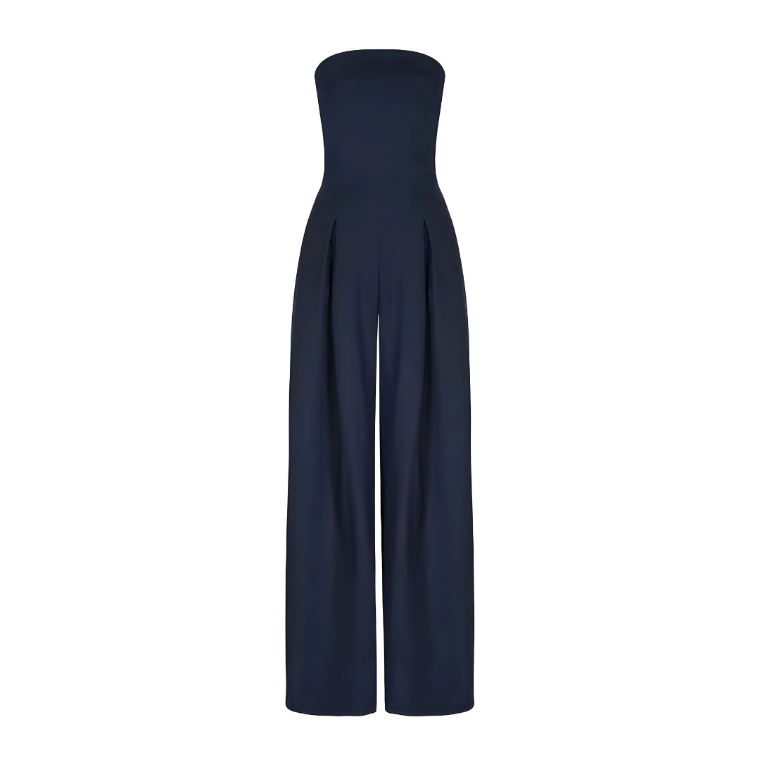 "Elegant women's strapless wide-leg jumpsuit in dark blue, featuring a chic silhouette. Front view, ideal for modern style."
