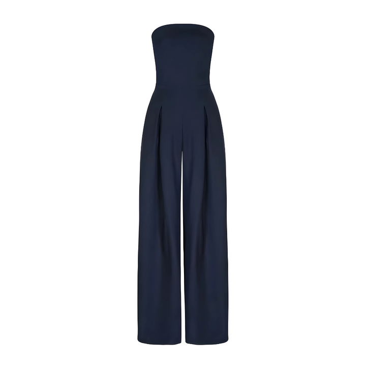 "Elegant women's strapless wide-leg jumpsuit in dark blue, featuring a chic silhouette. Front view, ideal for modern style."