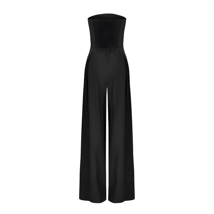 "Elegant women's strapless wide-leg jumpsuit in dark blue, featuring a chic silhouette. Front view, ideal for modern style."