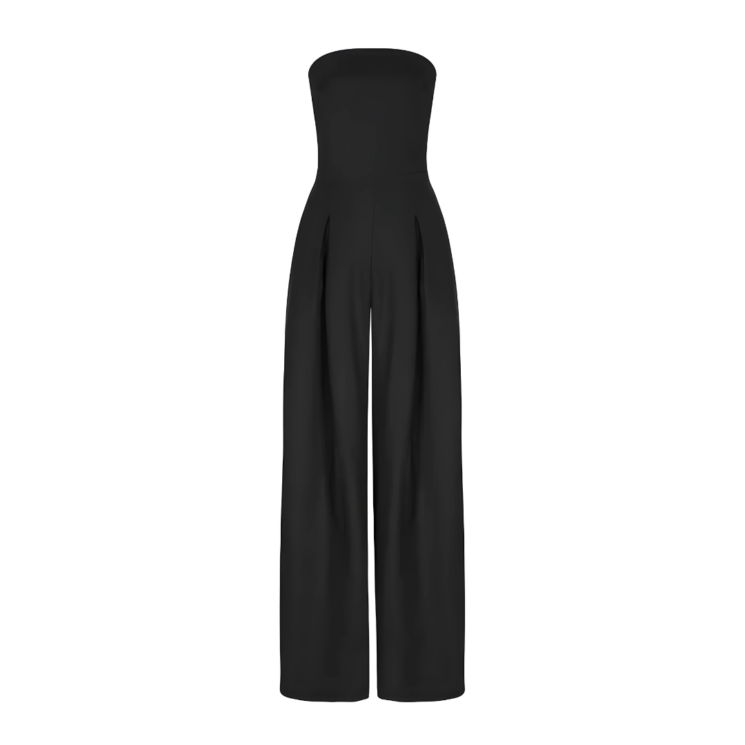 "Elegant women's strapless wide-leg jumpsuit in dark blue, featuring a chic silhouette. Front view, ideal for modern style."