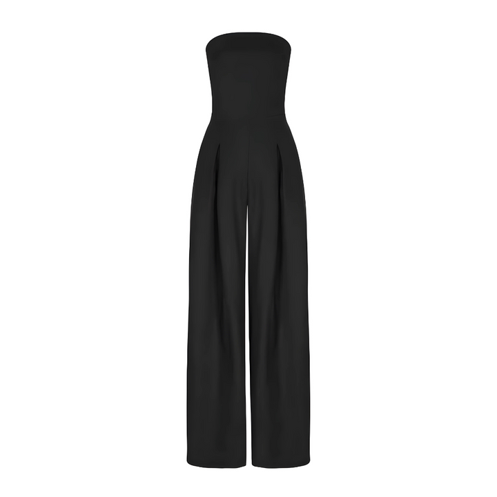"Elegant women's strapless wide-leg jumpsuit in dark blue, featuring a chic silhouette. Front view, ideal for modern style."