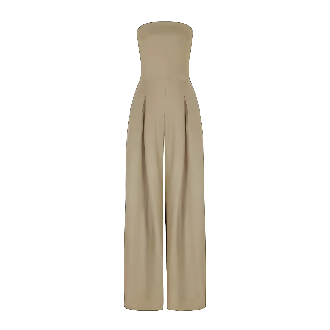 "Elegant women's strapless wide-leg jumpsuit in dark blue, featuring a chic silhouette. Front view, ideal for modern style."