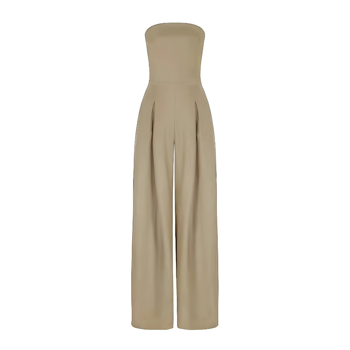 "Elegant women's strapless wide-leg jumpsuit in dark blue, featuring a chic silhouette. Front view, ideal for modern style."
