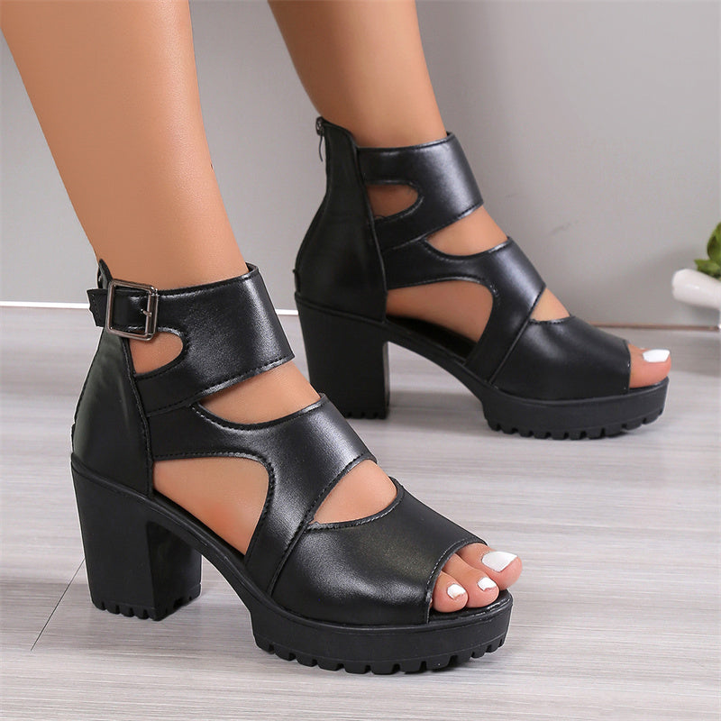 Elegante Damen-Peep-Toe-Sandalen mit chunky Absatz und verstellbarem Knöchelriemen, gefertigt aus PU-Leder.