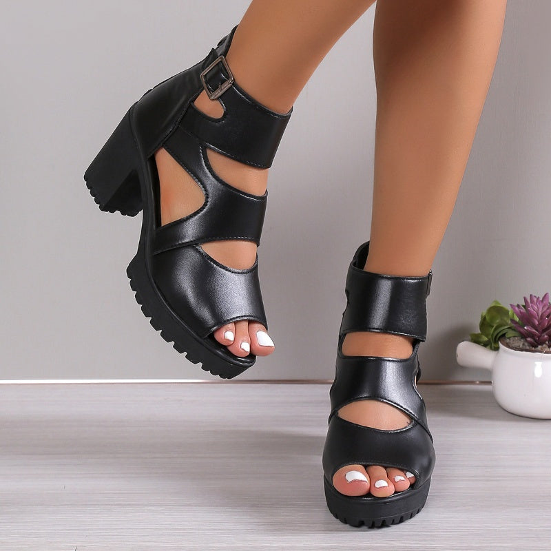 Elegante Damen-Peep-Toe-Sandalen mit chunky Absatz und verstellbarem Knöchelriemen, gefertigt aus PU-Leder.