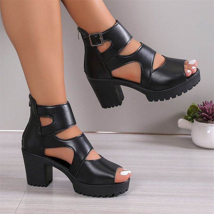 Elegante Damen-Peep-Toe-Sandalen mit chunky Absatz und verstellbarem Knöchelriemen, gefertigt aus PU-Leder.