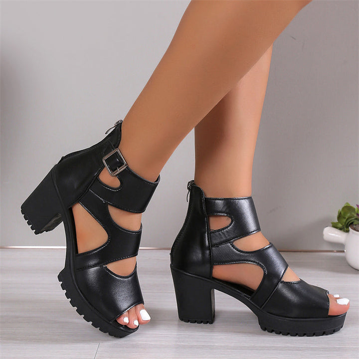 Elegante Damen-Peep-Toe-Sandalen mit chunky Absatz und verstellbarem Knöchelriemen, gefertigt aus PU-Leder.