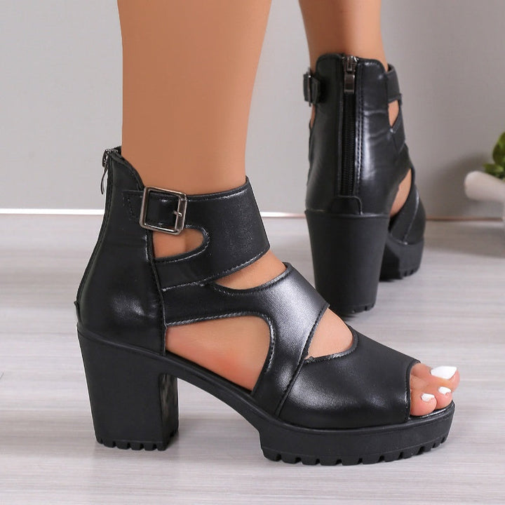 Elegante Damen-Peep-Toe-Sandalen mit chunky Absatz und verstellbarem Knöchelriemen, gefertigt aus PU-Leder.
