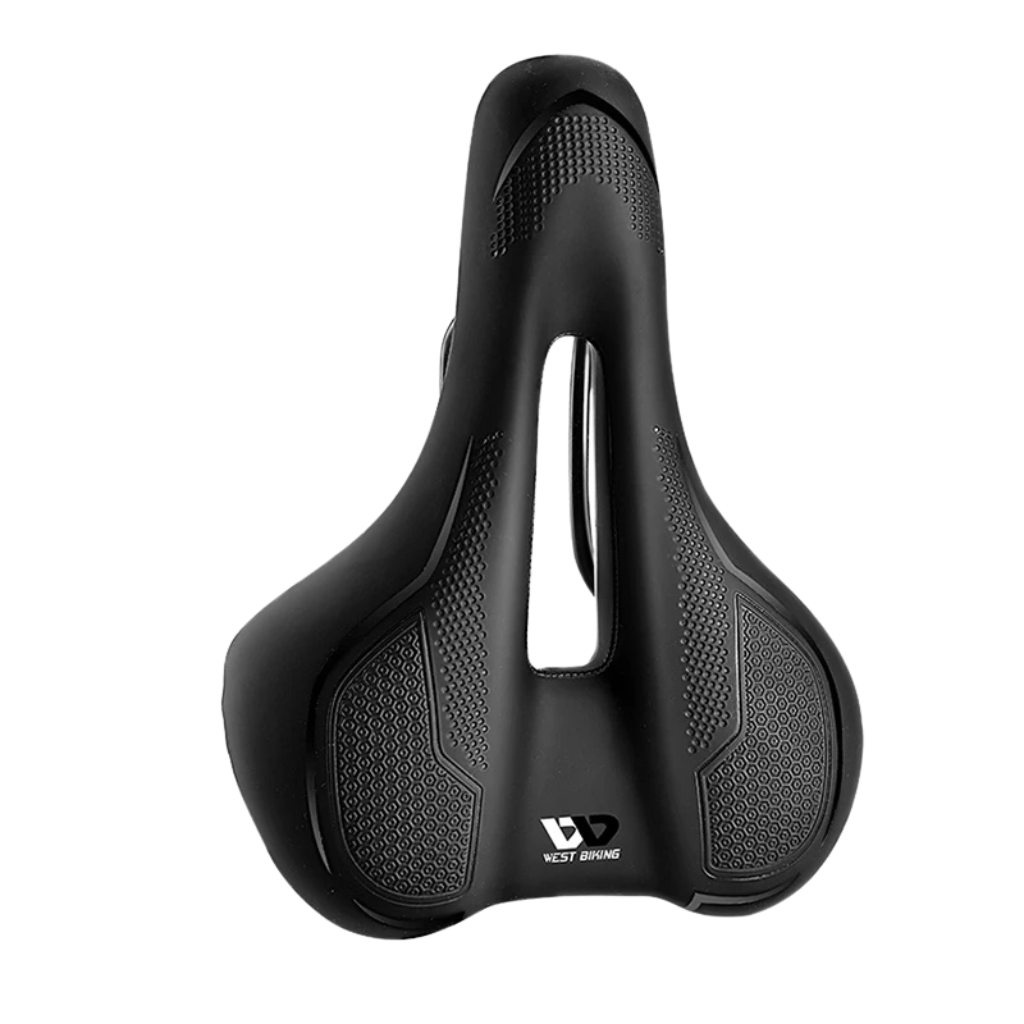 "Ergonomic black bike saddle for city, road, and touring bikes, featuring streamlined design and universal fit."