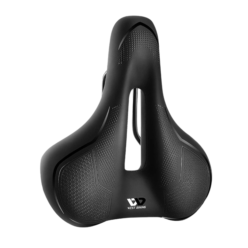 "Ergonomic black bike saddle for city, road, and touring bikes, featuring streamlined design and universal fit."