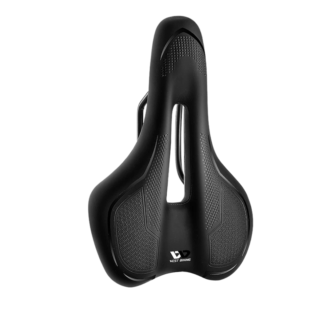 "Ergonomic black bike saddle for city, road, and touring bikes, featuring streamlined design and universal fit."