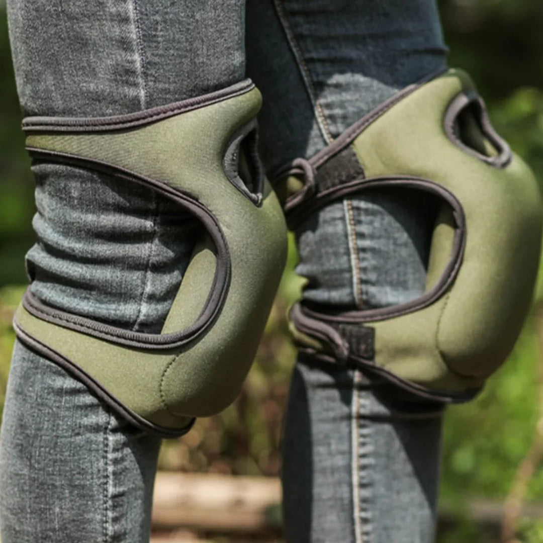 Ergonomic gardening knee pads with extra cushioning, contoured for comfort, shown in a durable, rugged design for outdoor use