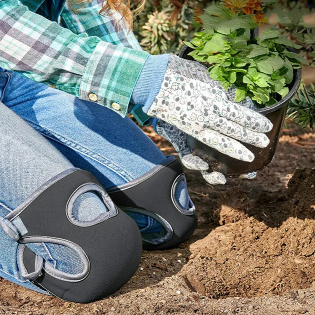 Ergonomic gardening knee pads with extra cushioning, contoured for comfort, shown in a durable, rugged design for outdoor use