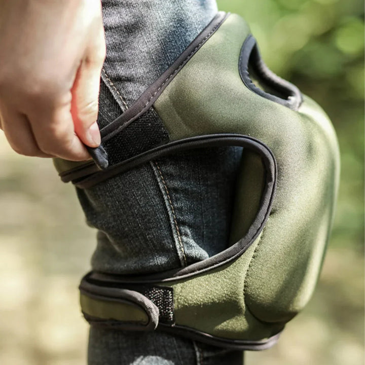 Ergonomic gardening knee pads with extra cushioning, contoured for comfort, shown in a durable, rugged design for outdoor use