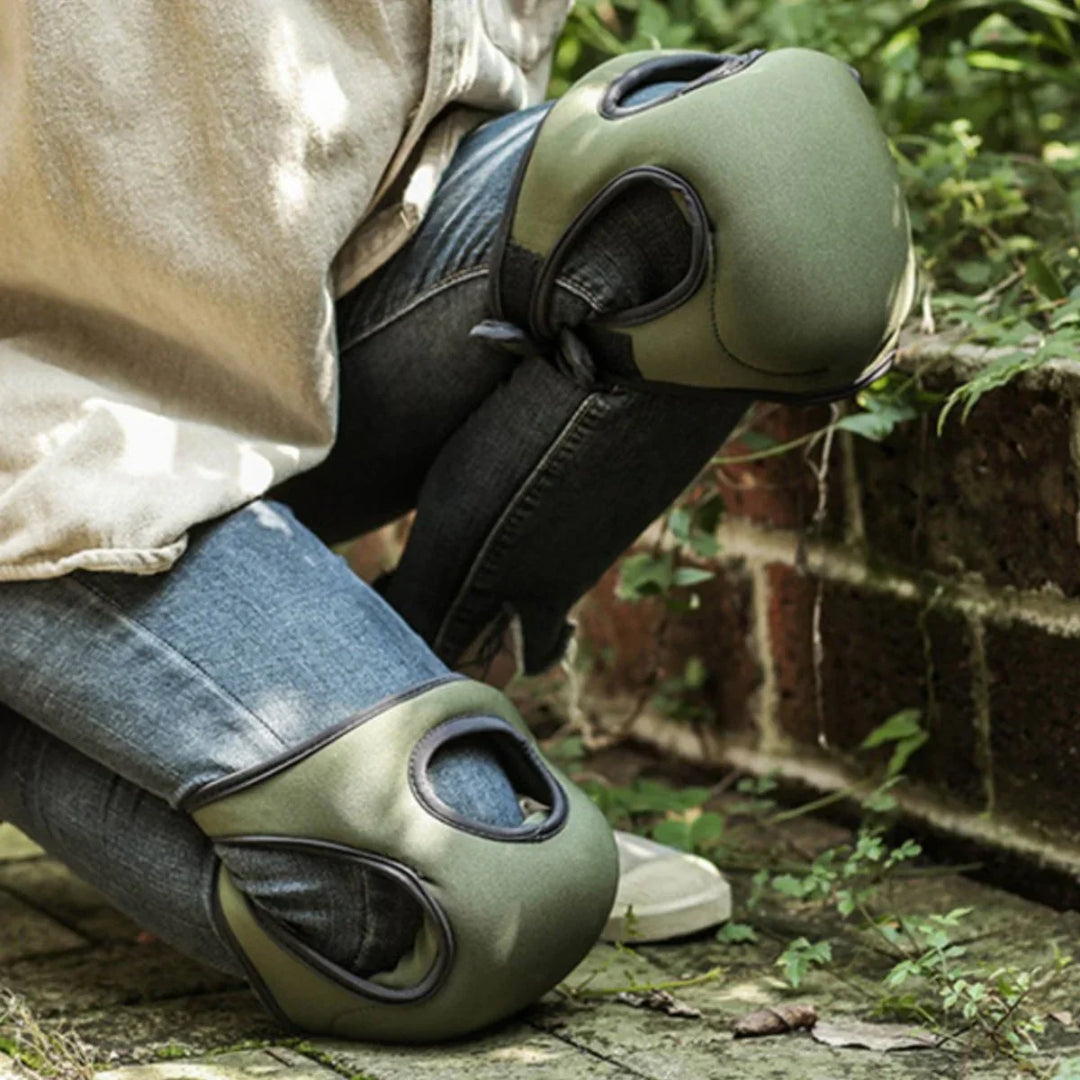 Ergonomic gardening knee pads with extra cushioning, contoured for comfort, shown in a durable, rugged design for outdoor use