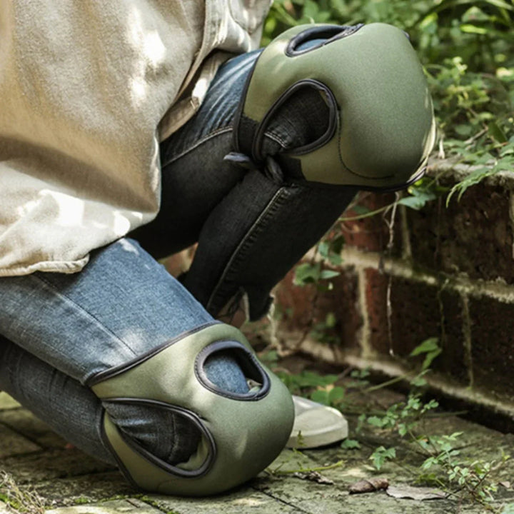 Ergonomic gardening knee pads with extra cushioning, contoured for comfort, shown in a durable, rugged design for outdoor use